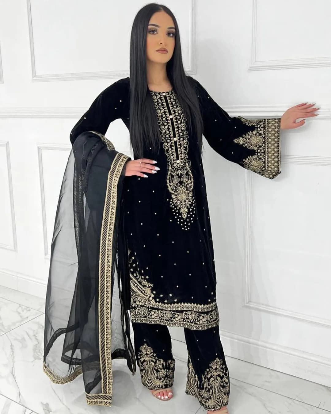 Designer Heavy Viscose Velvet Top–Plazzo–Dupatta Set with 5mm Sequence Embroidery alternate view