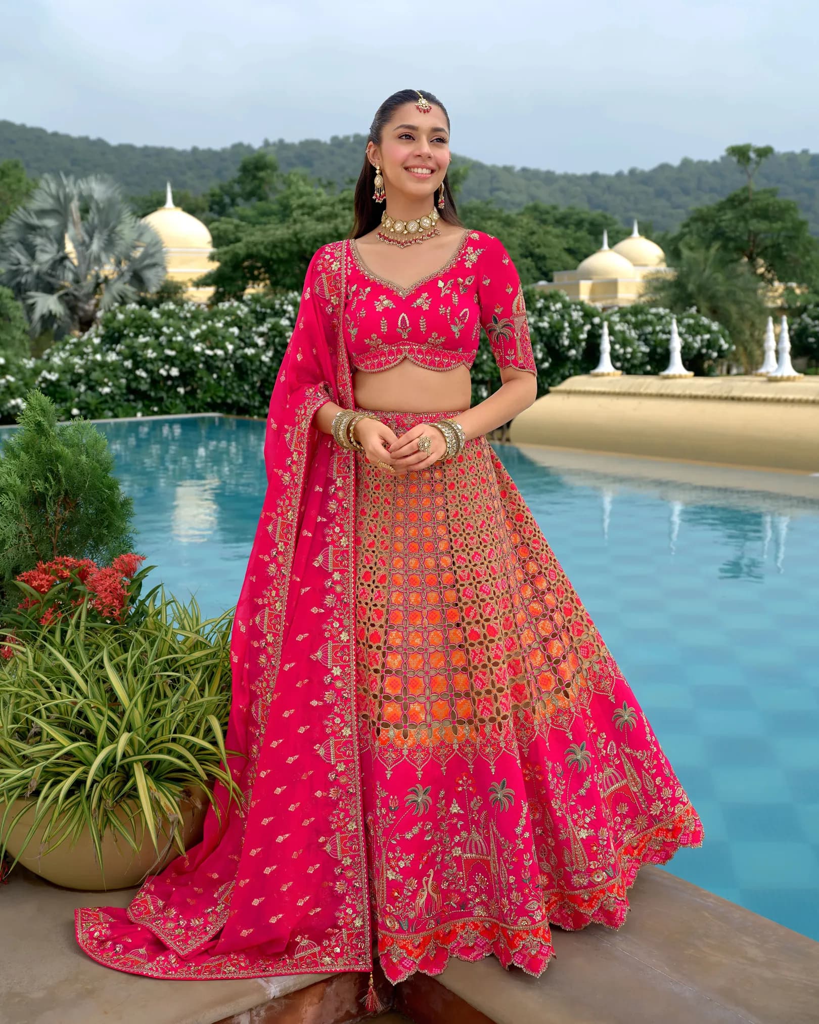 Bright Pink & Orange Raw Silk Embroidered Circular Lehenga Set