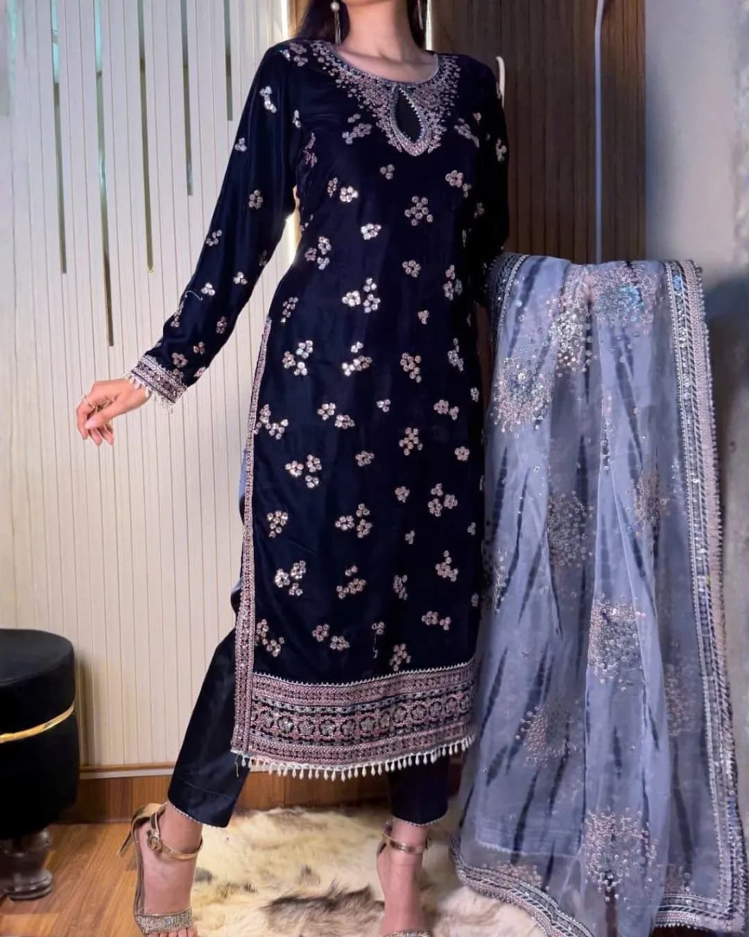 Designer Velvet Embroidered Kurti–Pant–Dupatta Set