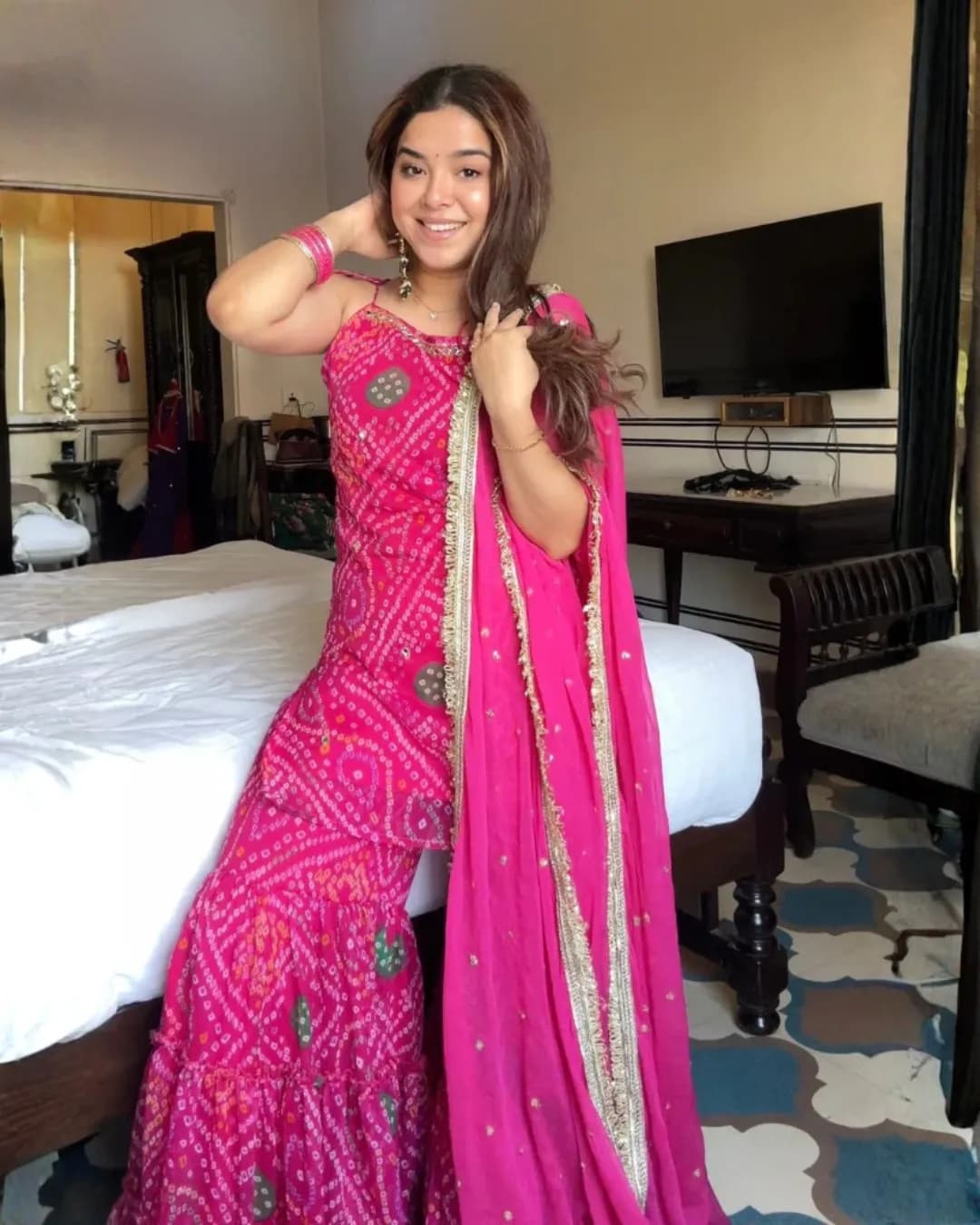 Designer Faux Georgette Mirror Work Top–Sharara–Dupatta Set