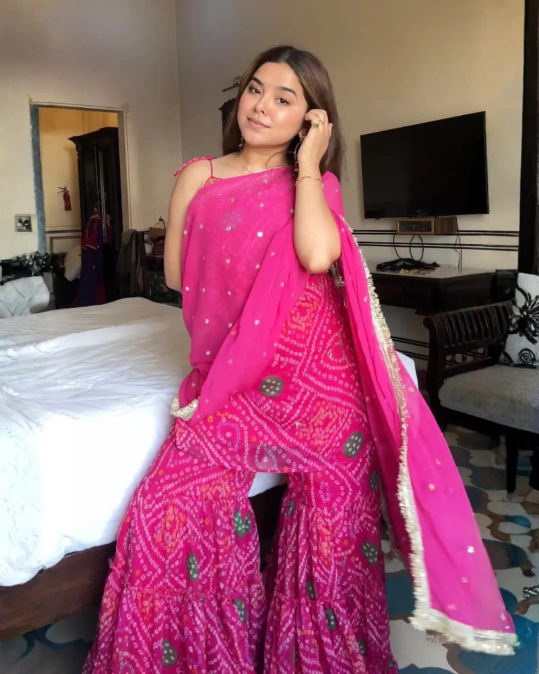 Designer Faux Georgette Mirror Work Top–Sharara–Dupatta Set alternate view