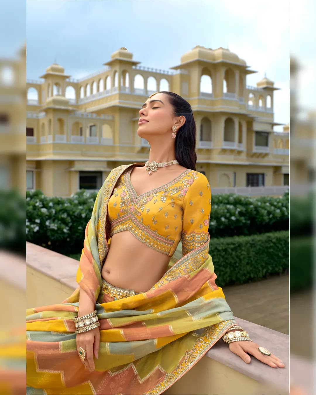 Mustard Yellow & Sage Green Pure Silk Embroidered Circular Lehenga Set alternate view