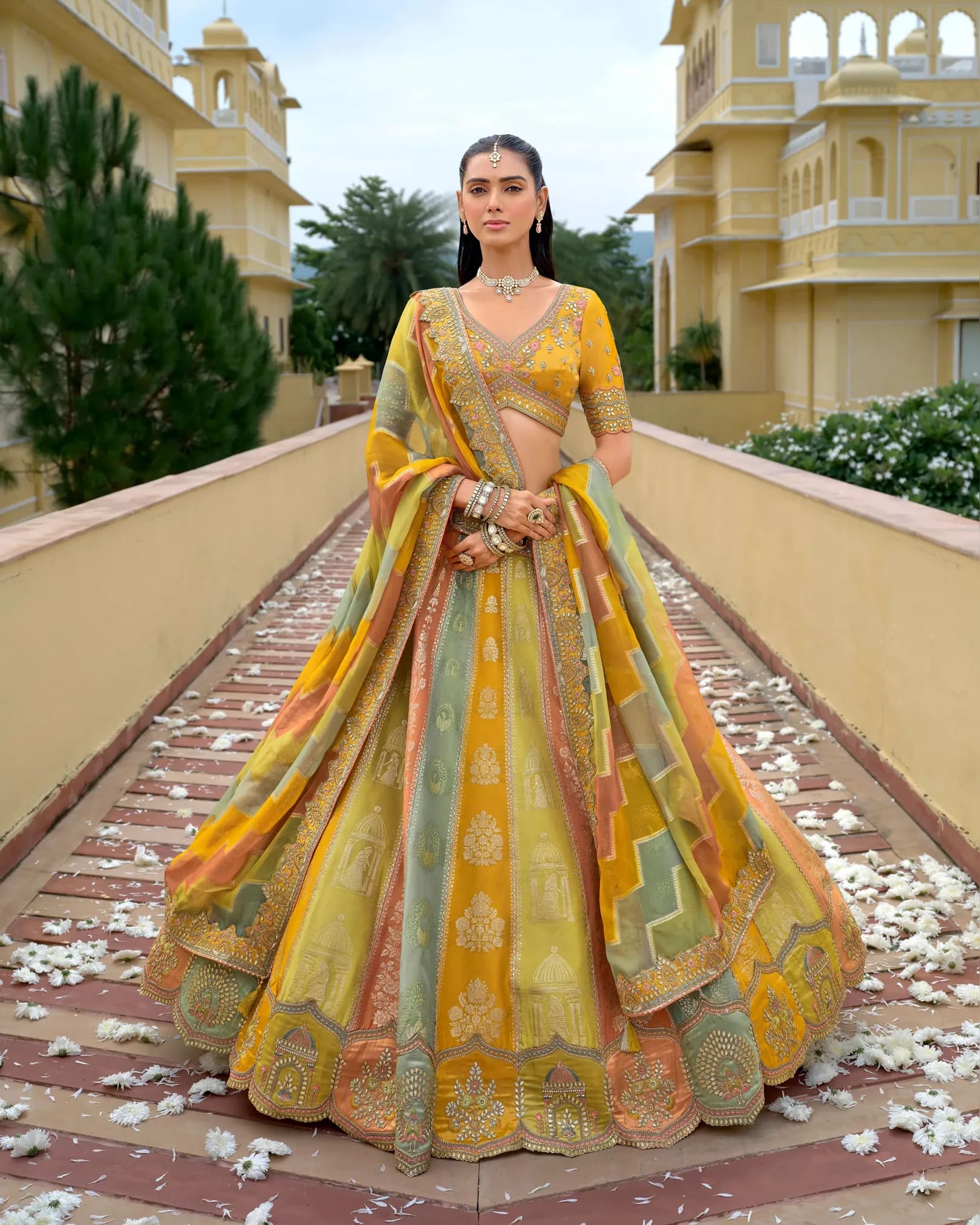 Mustard Yellow & Sage Green Pure Silk Embroidered Circular Lehenga Set