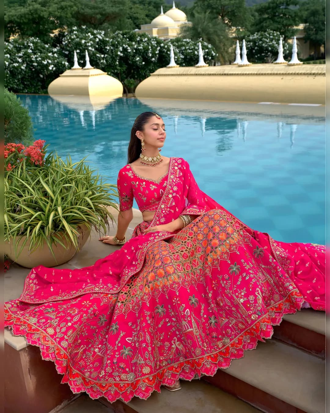 Bright Pink & Orange Raw Silk Embroidered Circular Lehenga Set alternate view