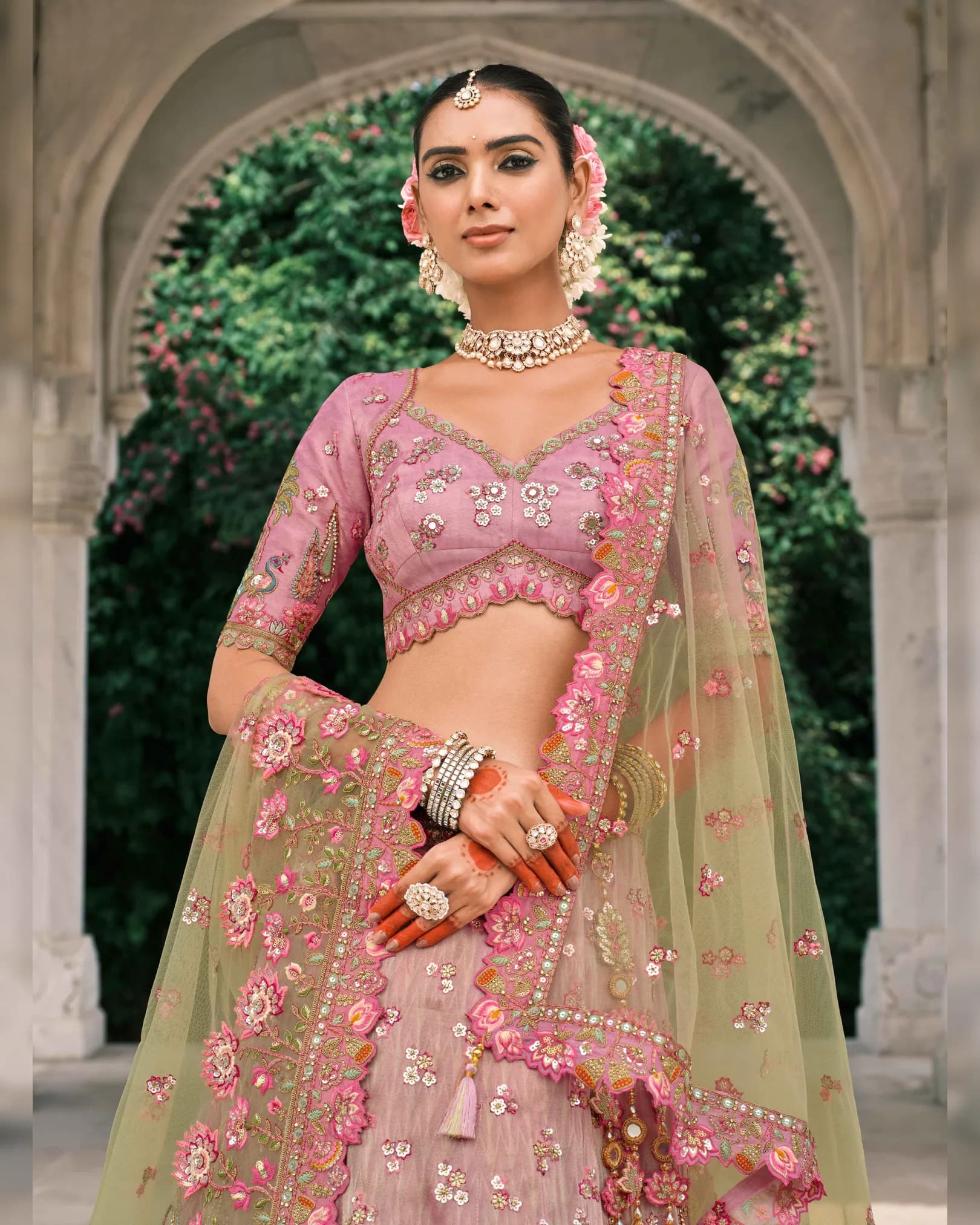 Pink & Light Olive Green Shaded Tissue Zari Circular Lehenga Set alternate view