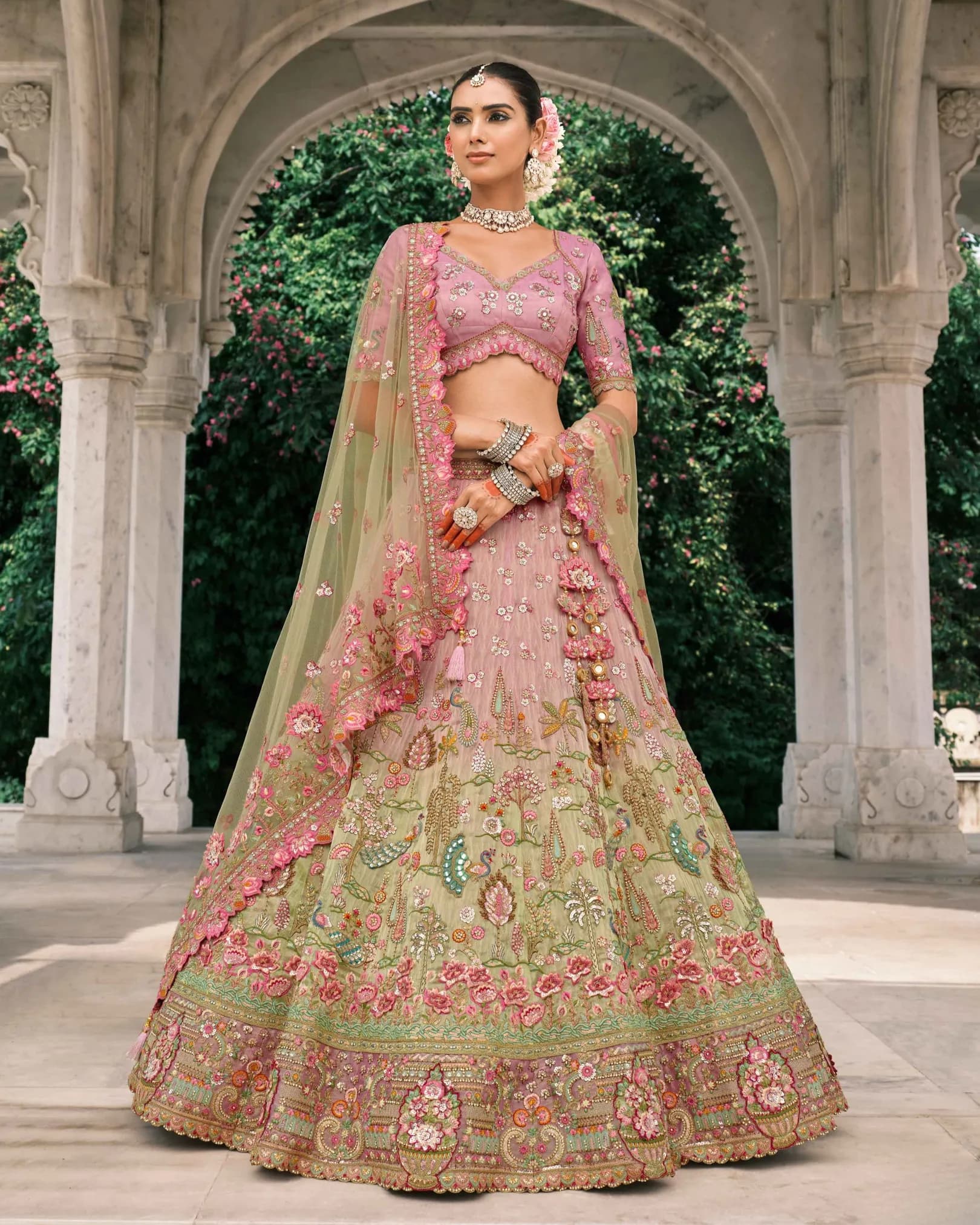 Pink & Light Olive Green Shaded Tissue Zari Circular Lehenga Set