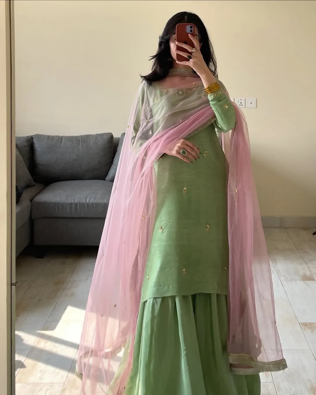 Raw Silk Handwork Top with Dola Silk Sharara & Net Dupatta Set alternate view