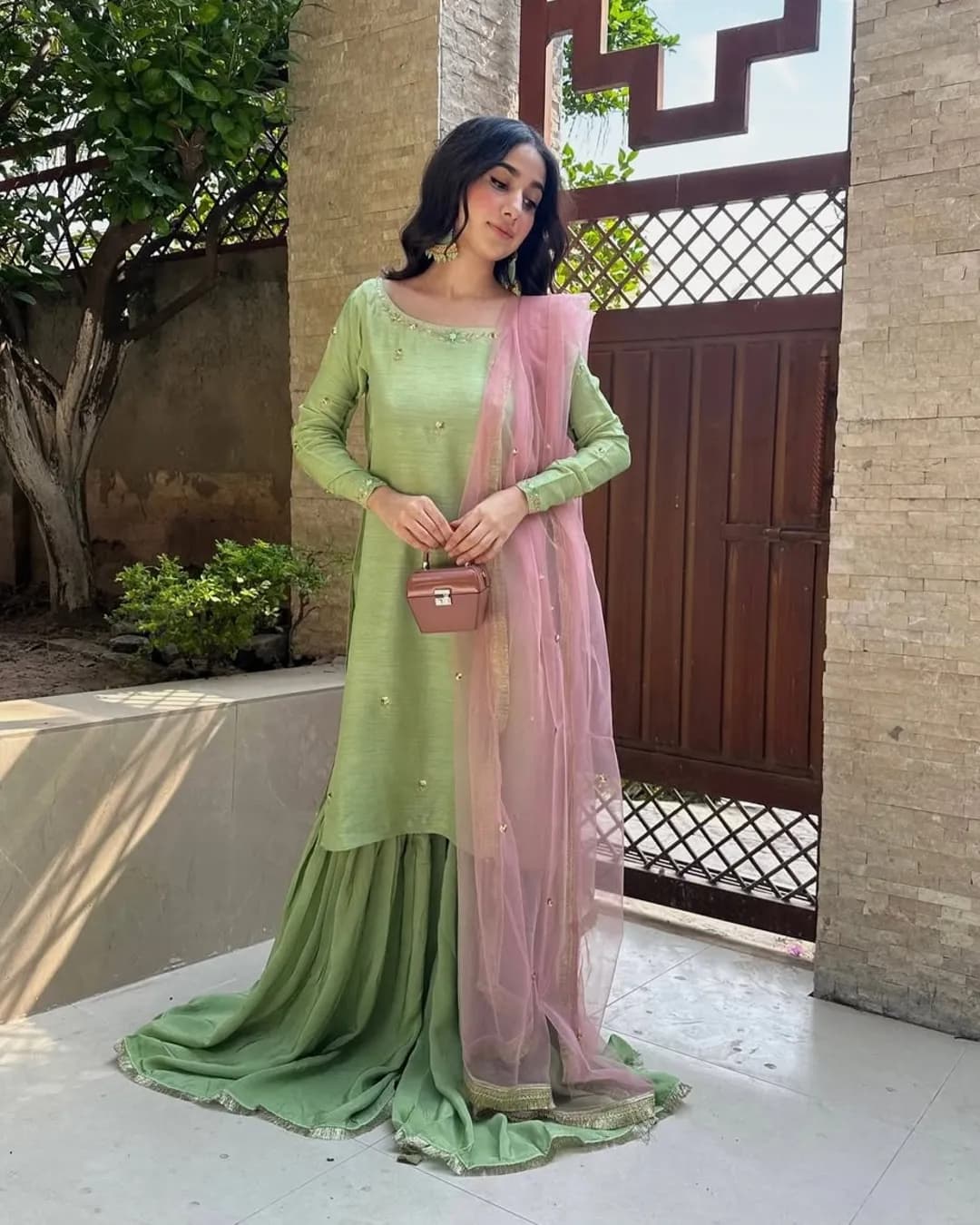 Raw Silk Handwork Top with Dola Silk Sharara & Net Dupatta Set