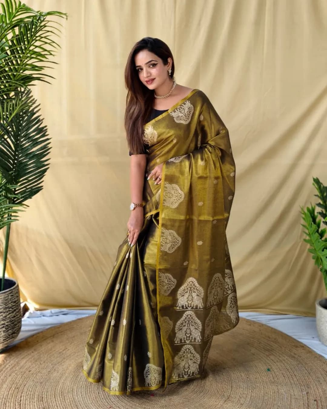 Premium Zari Tissue Weaving Saree with Elephant Border & Floral Buttis