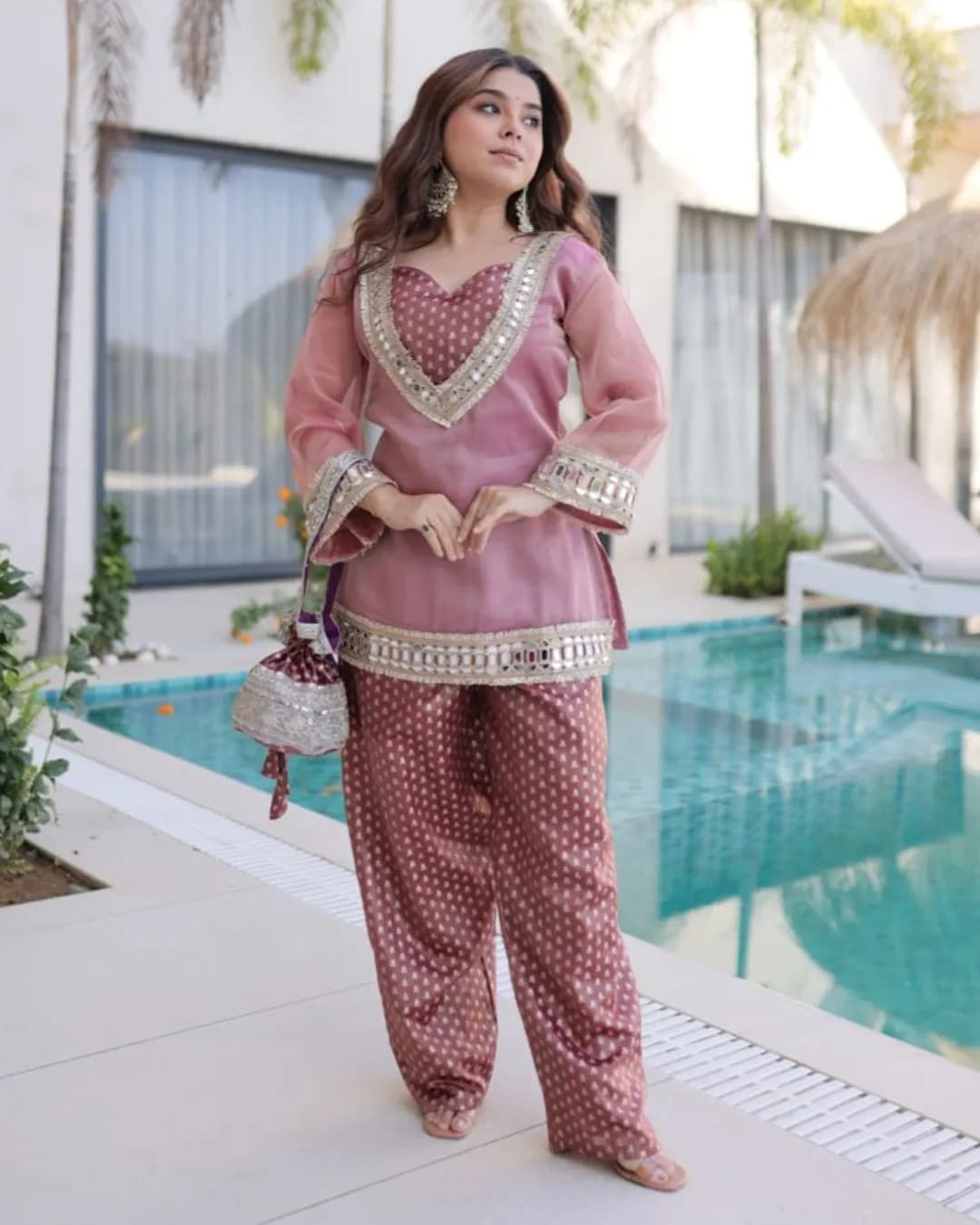 Royal Mirror Work Salasa Top, Jacquard Pant & Batwa Set