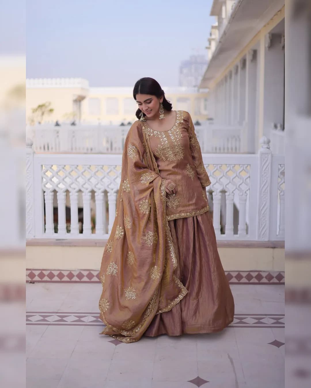 Premium Designer Fendi Crush Top–Sharara–Dupatta Set with Zari Sequins Work alternate view