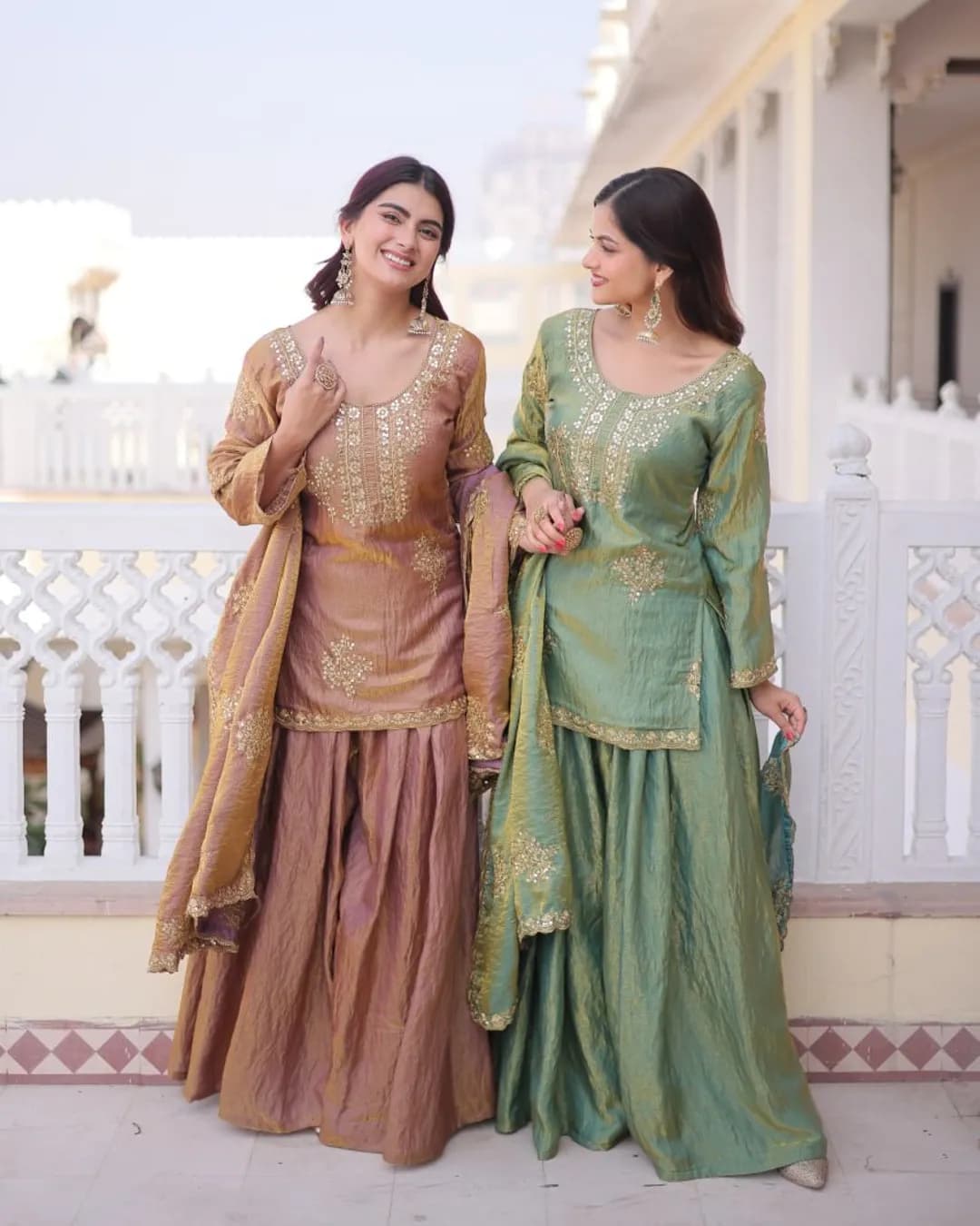 Premium Designer Fendi Crush Top–Sharara–Dupatta Set with Zari Sequins Work