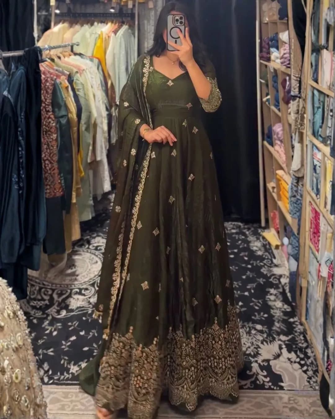 Designer Heavy Fendy Silk Gown Set with Sequins Work & Dupatta