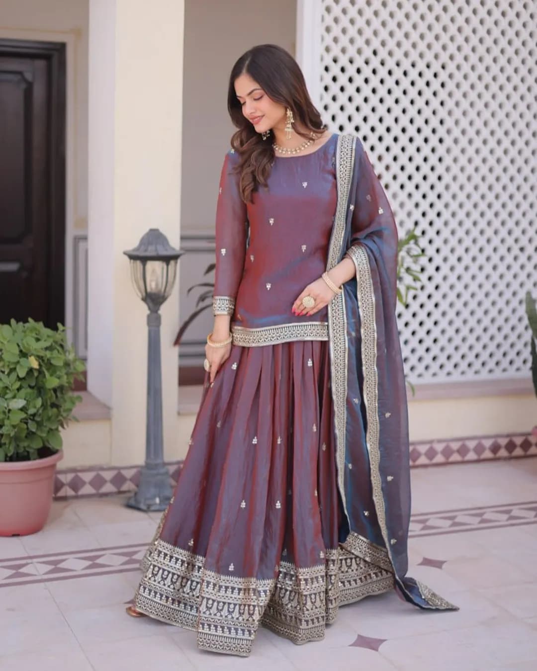 Premium Ready-to-Wear Fendi Chiffon Top Lehenga Set with Zari Sequins Work