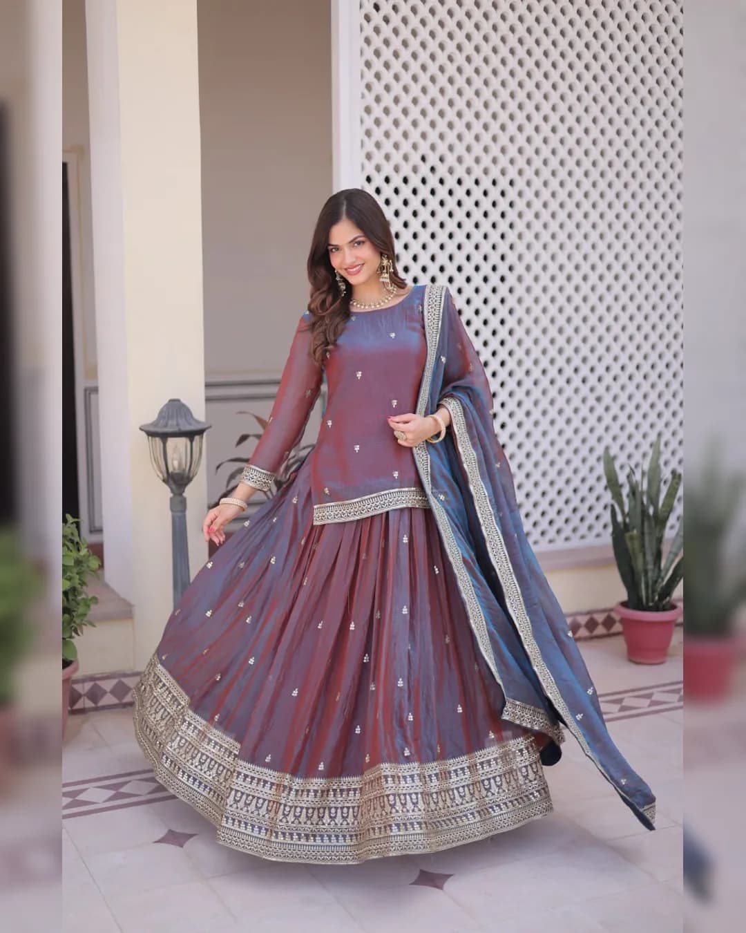 Premium Ready-to-Wear Fendi Chiffon Top Lehenga Set with Zari Sequins Work alternate view