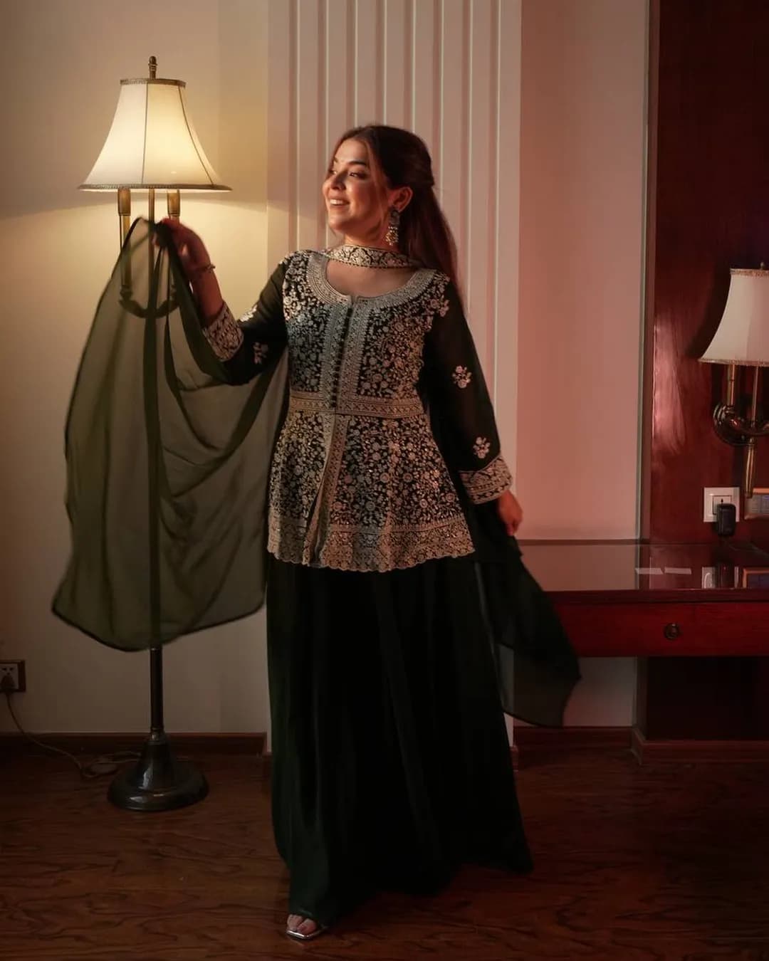 Designer Embroidered Georgette Peplum Top with Plazzo & Dupatta Set alternate view