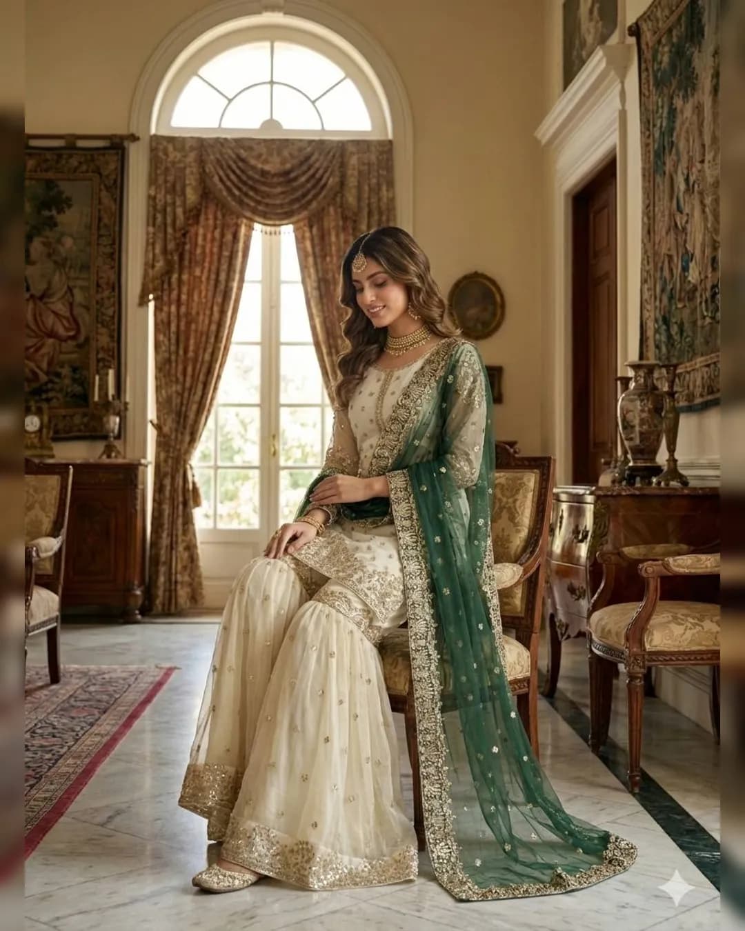 EID Special Pure Fendy Silk Heavy Embroidery Sequence Work Top-Gharara-Dupatta Set alternate view