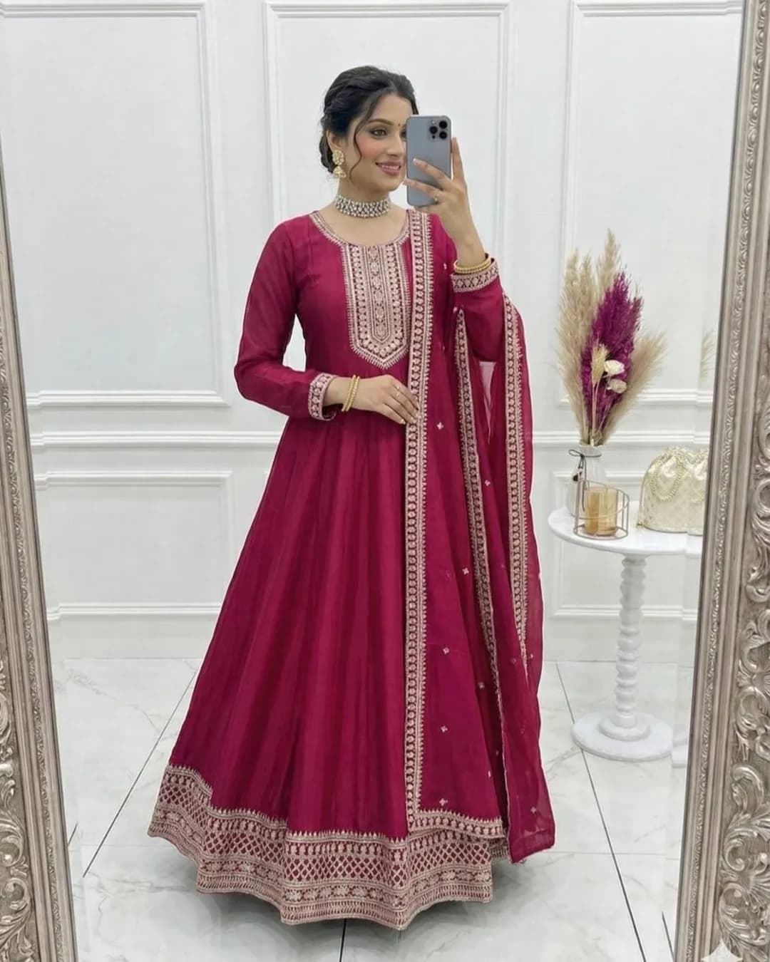 High-End Premium Pure Vichitra Silk Fully Flared Anarkali Gown with Dupatta Set