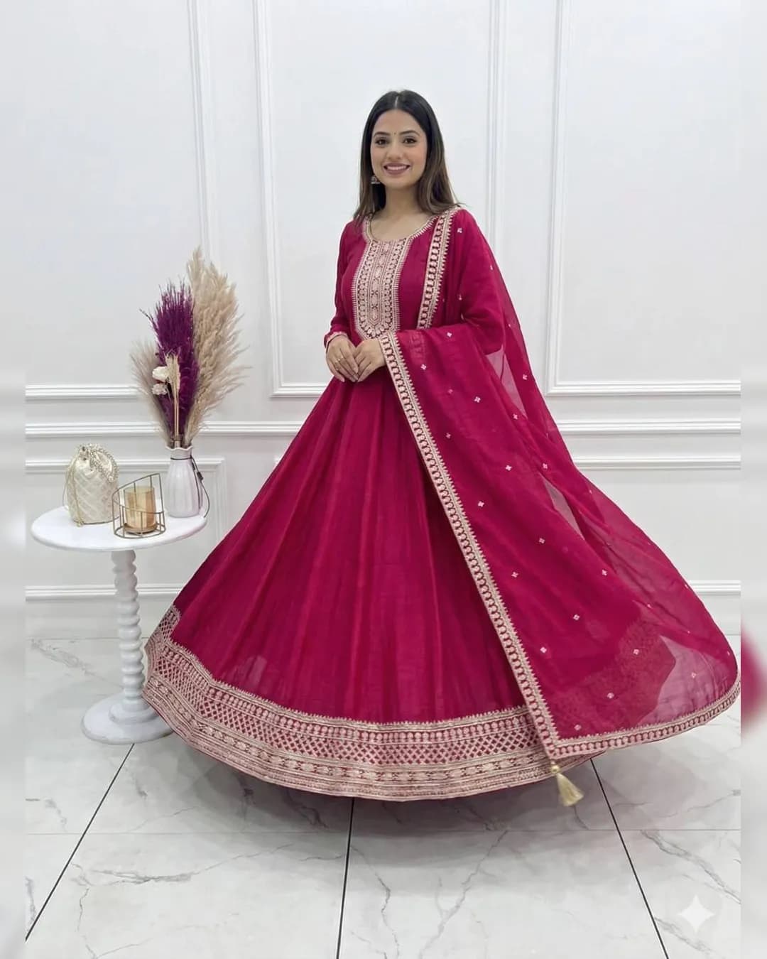 High-End Premium Pure Vichitra Silk Fully Flared Anarkali Gown with Dupatta Set alternate view