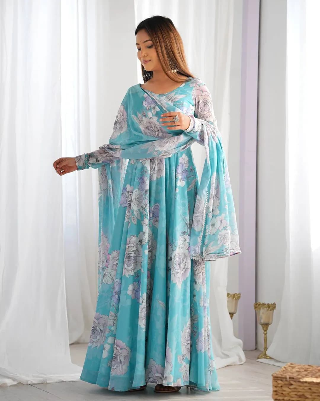 New Floral Print Fox Georgette Anarkali Gown With Dupatta – Ready To Wear