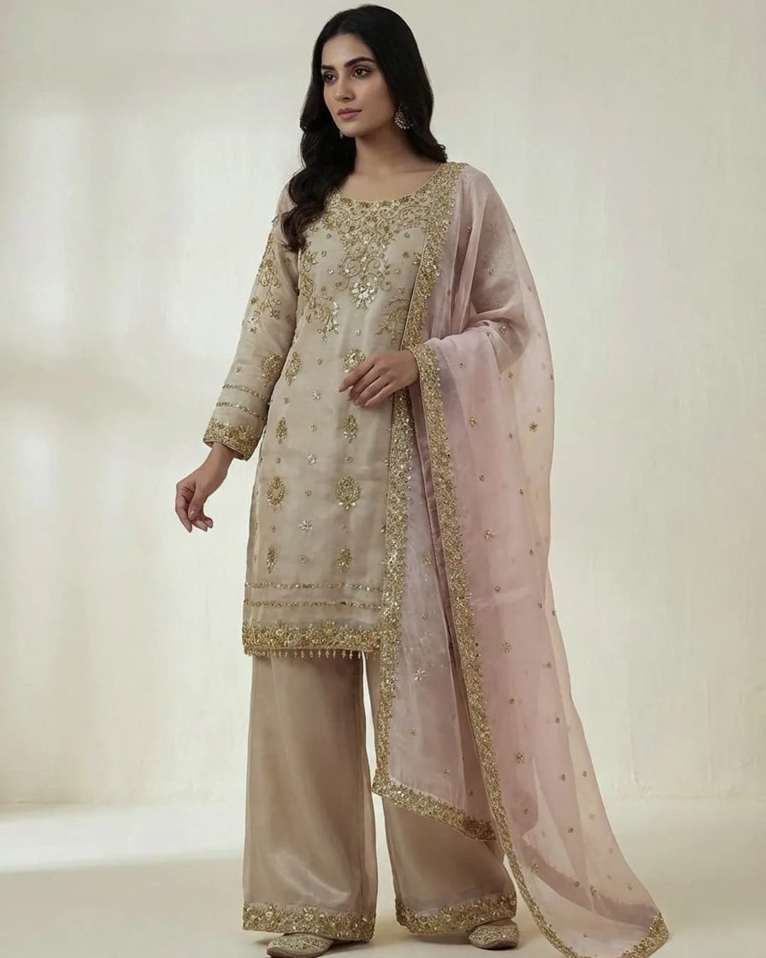 Premium GMY Silk Embroidered Top-Plazzo-Dupatta Set – Fully Stitched Ready to Wear