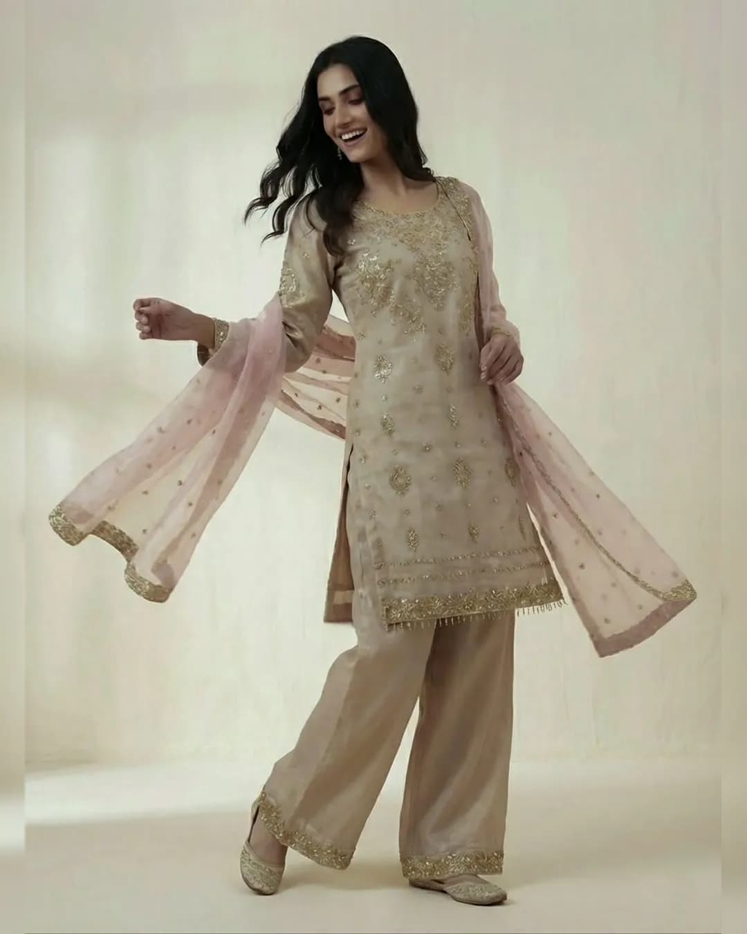 Premium GMY Silk Embroidered Top-Plazzo-Dupatta Set – Fully Stitched Ready to Wear alternate view