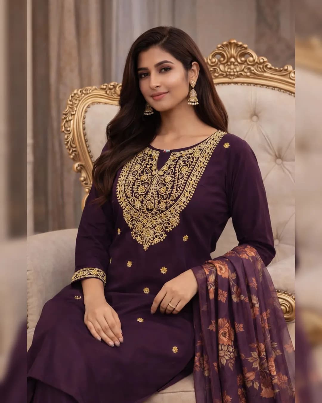 Designer Heavy Viscose Rayon Straight Cut Top, Pant & Dupatta Set with Embroidery alternate view