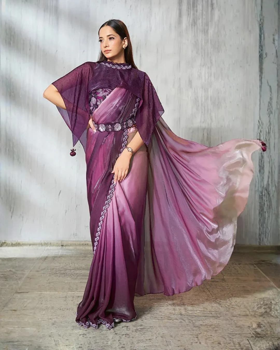 Mahotsav Mohmanthan 25600 Soiree : Ready-to-Wear Two Tone Satin Silk Saree with Soft Taffeta Blouse