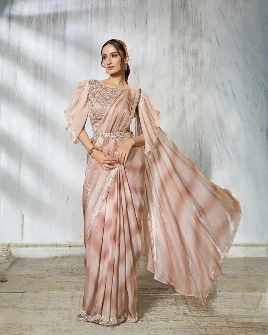 Mahotsav Mohmanthan 25600 Soiree : Ready-to-Wear Two Tone Satin Silk Saree with Japan Crepe Blouse