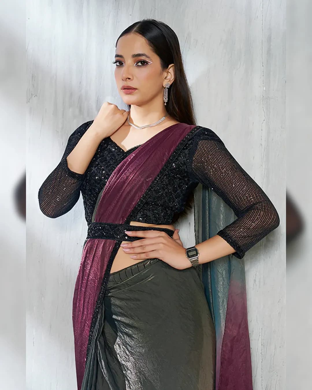 Mahotsav Mohmanthan 25600 Soiree : Ready-to-Wear Two Tone Satin Silk Saree with Organza Silk Blouse alternate view