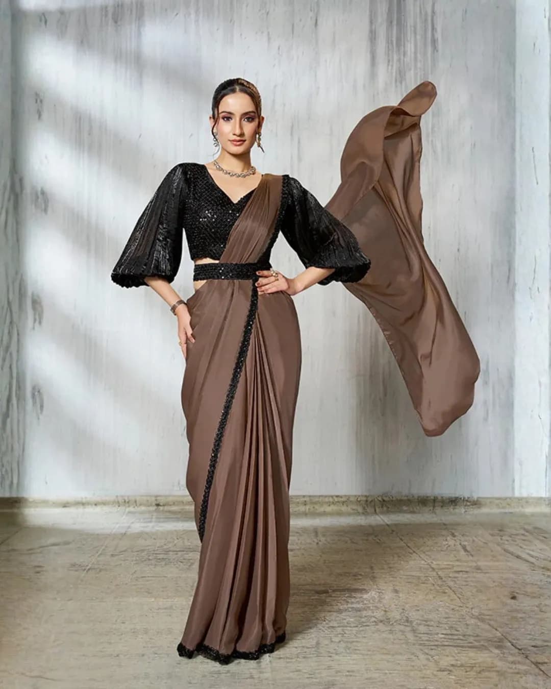 Mahotsav Mohmanthan 25600 Soiree : Ready-to-Wear Two Tone Satin Silk Saree with Organza Silk Blouse