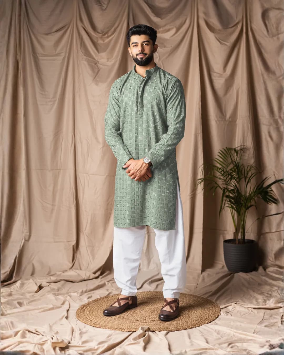 Men’s Festive Wear Viscose Rayon Kurta with Art Silk Bottom – Stitched Set