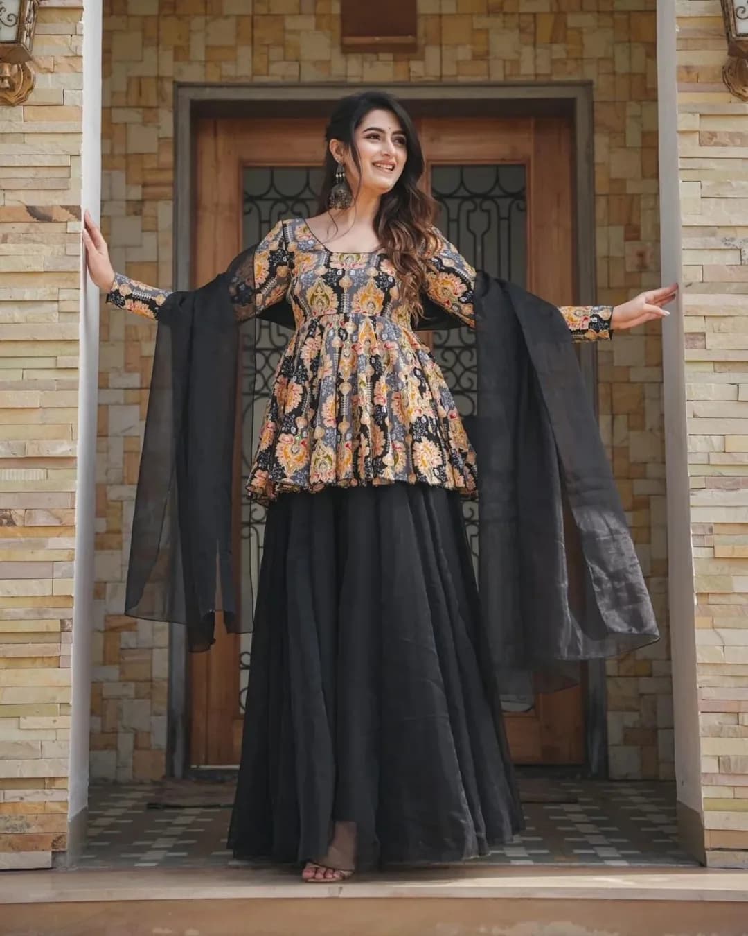 Luxury Silk Printed Top Sharara Set with Organza Dupatta – 3 Piece Designer Suit