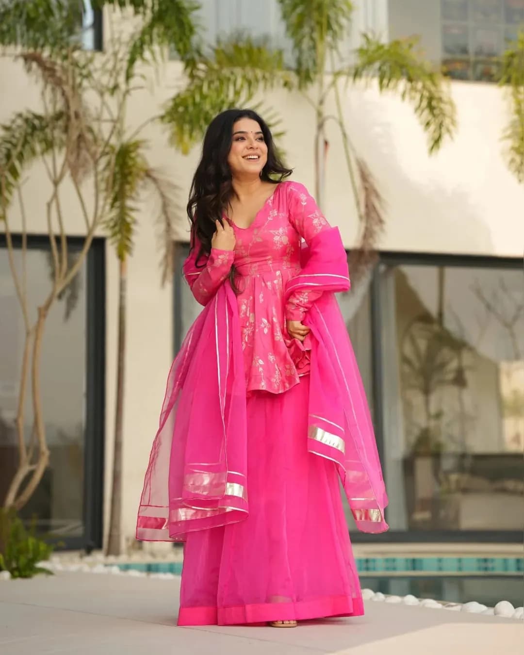 Designer Silk Printed Top Sharara Set with Organza Dupatta