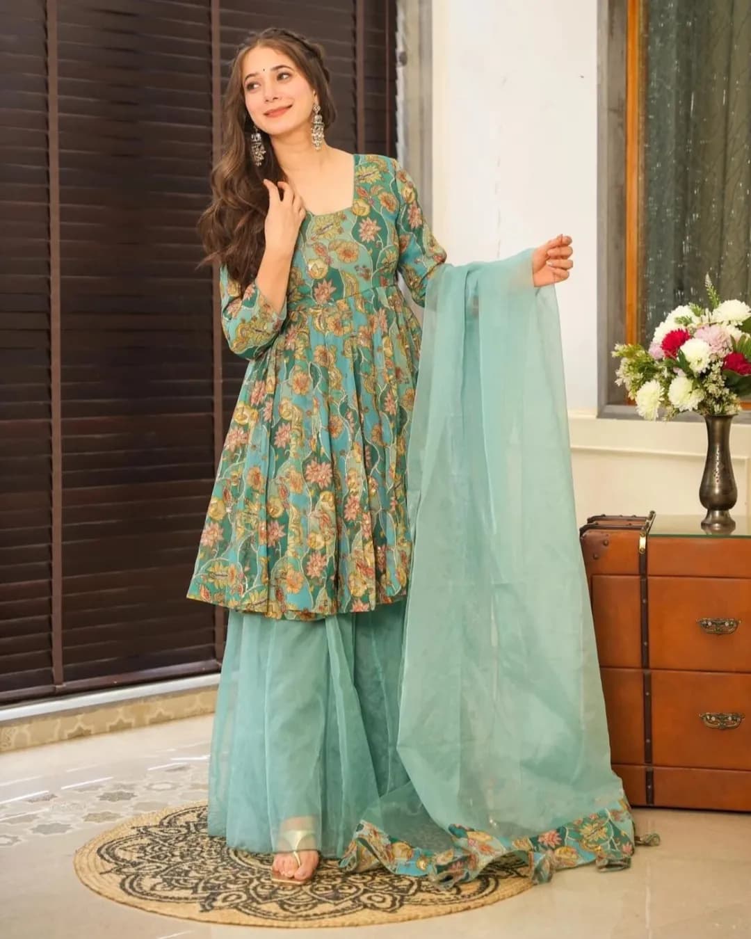 Designer Silk Printed Top Sharara Set with Organza Dupatta – 3 Piece Festive Wear Collection