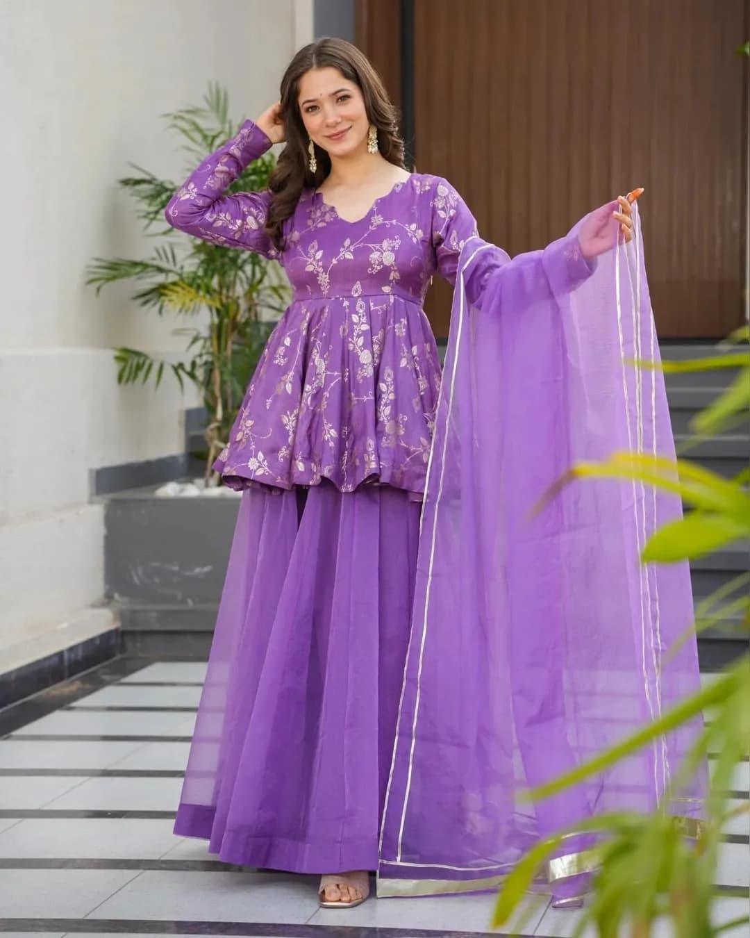 Designer Silk Printed Top Sharara Set with Organza Dupatta – 3 Piece Festive Wear Collection