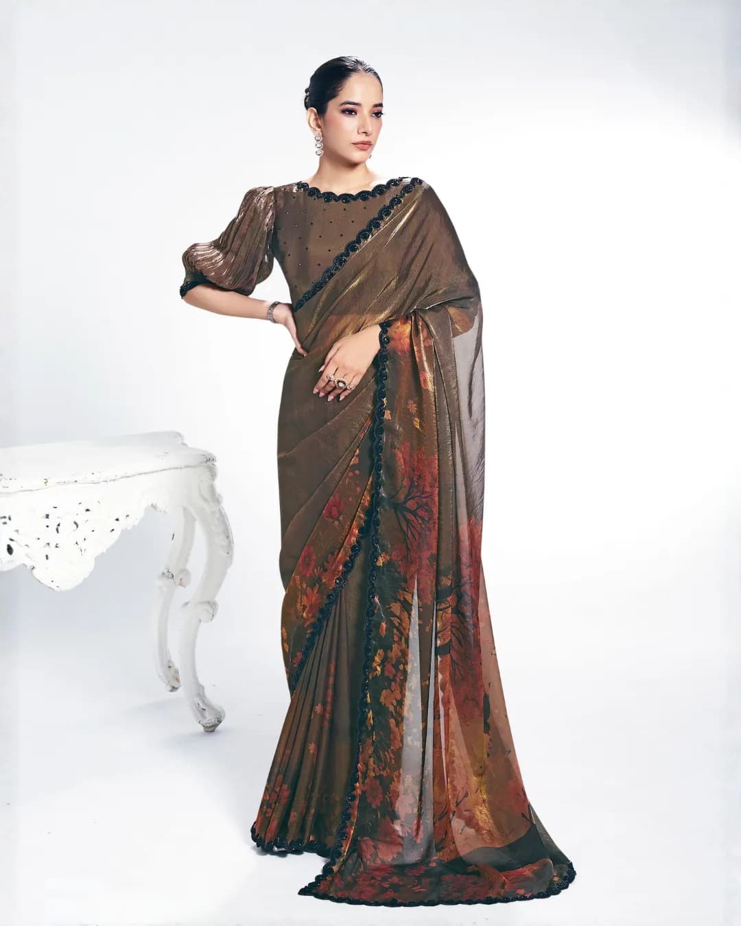 Mahotsav Rang Chatkila Ananta Two-Tone Satin Silk Designer Saree with Traditional Digital Print & Beads Embroidery