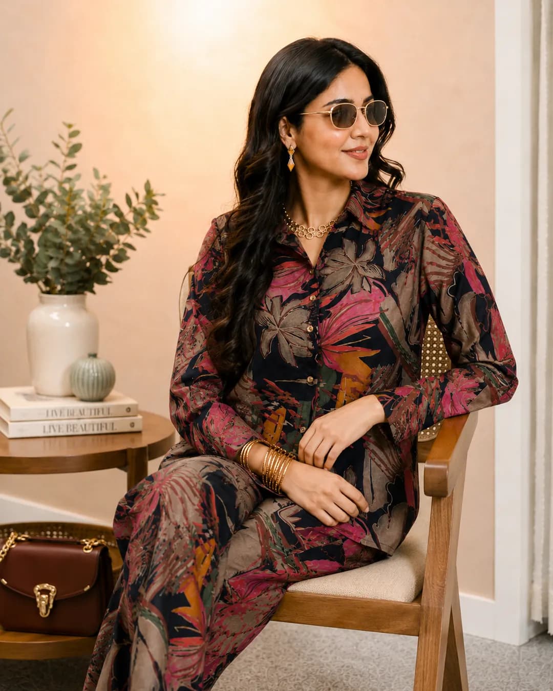 Elegant Navy Blue Floral Co-ords: Tunic & Trousers Set alternate view