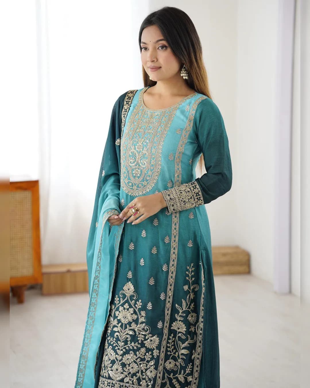 Designer Shaded Chinon Silk Coding Dori Sequins & Thread Work Top Plazzo Dupatta Set alternate view