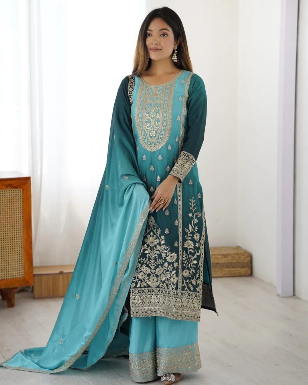 Designer Shaded Chinon Silk Coding Dori Sequins & Thread Work Top Plazzo Dupatta Set