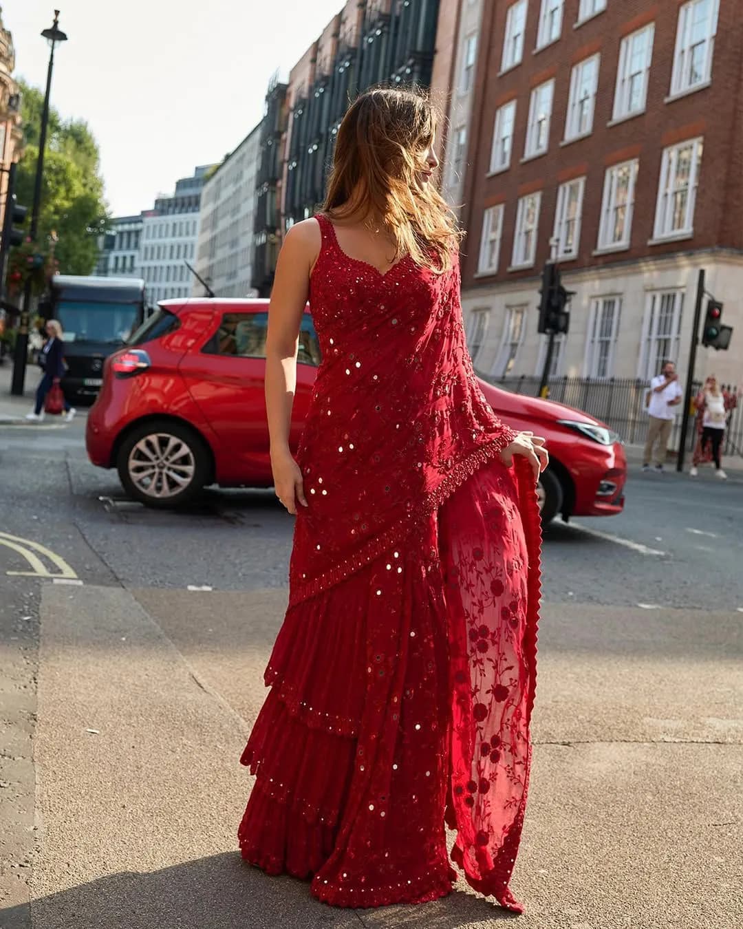 Soft Georgette Ruffle Saree with Real Mirror & Embroidery Work