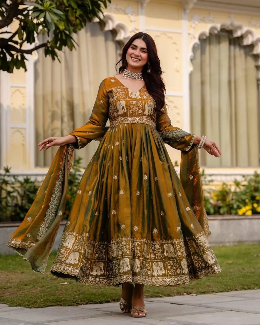 Premium Dual Tone Fendy Satin Heavy Embroidered Gown with Dupatta