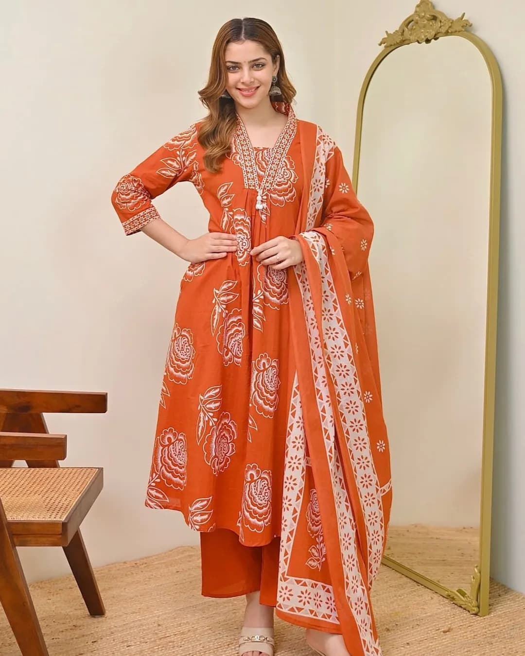 Super Hit Cotton 60x60 A-Line Kurti Pant with Dupatta Set