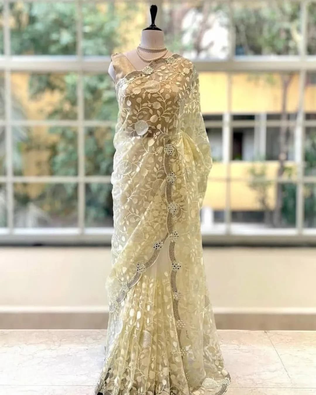 Premium Organza Saree with Thread Zaal Work, Siroski Embellishments & Mirror Work with Gold Silk Blouse