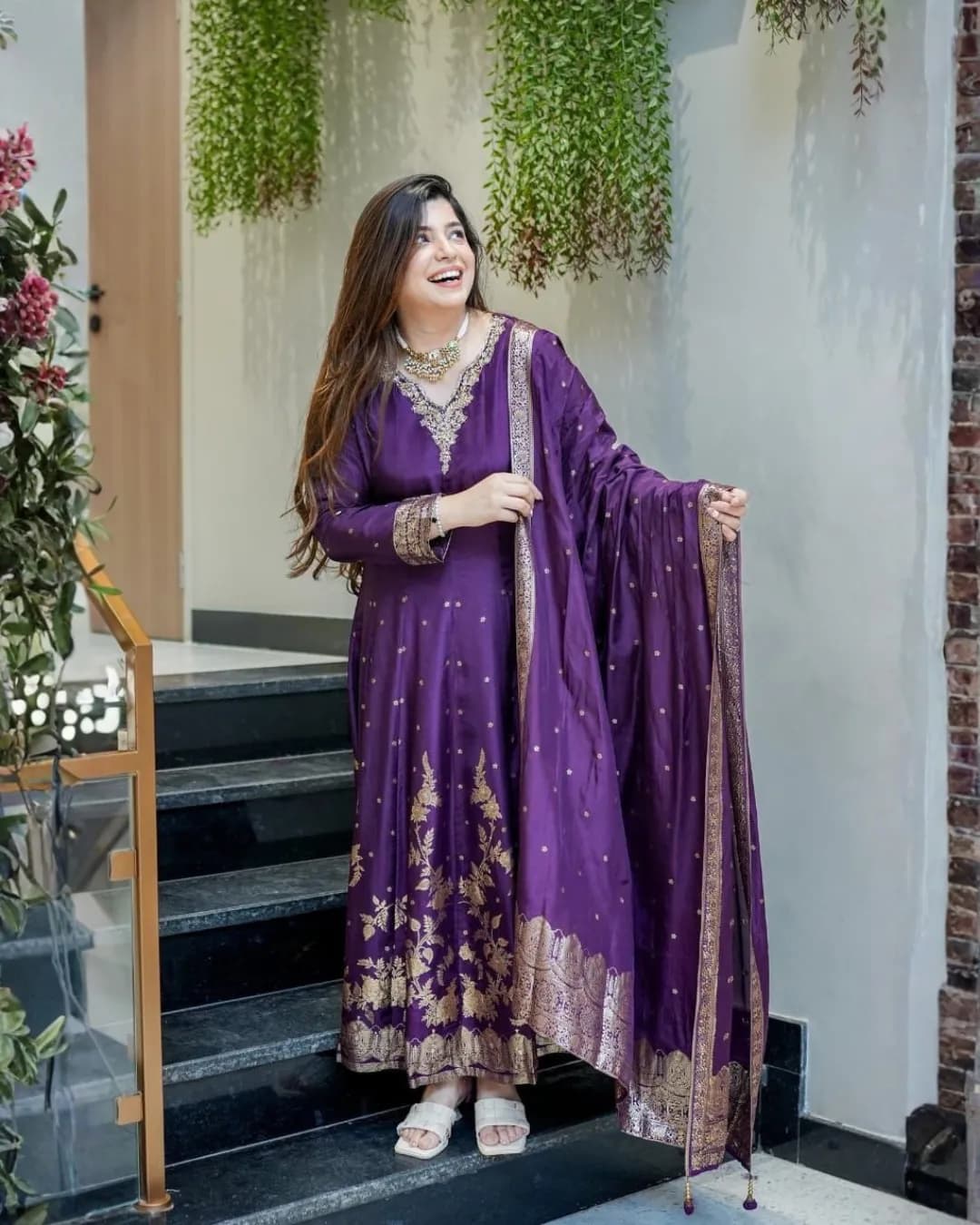 Premium Chanderi Anarkali Suit with Banarasi Zari Weaving & Handworked Neckline