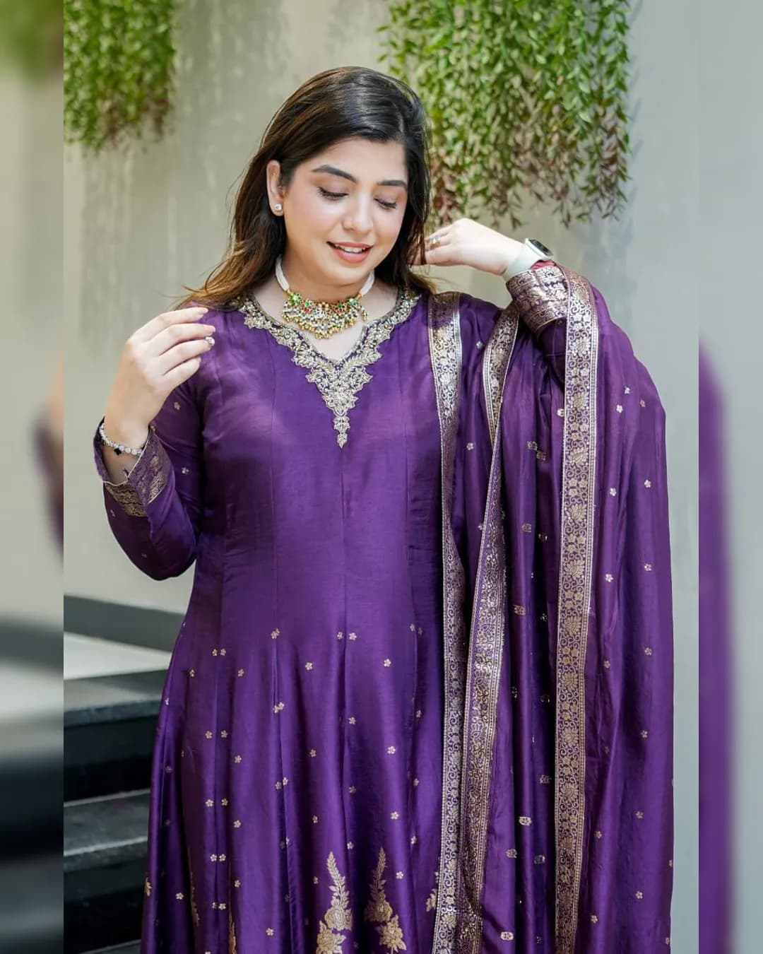 Premium Chanderi Anarkali Suit with Banarasi Zari Weaving & Handworked Neckline alternate view