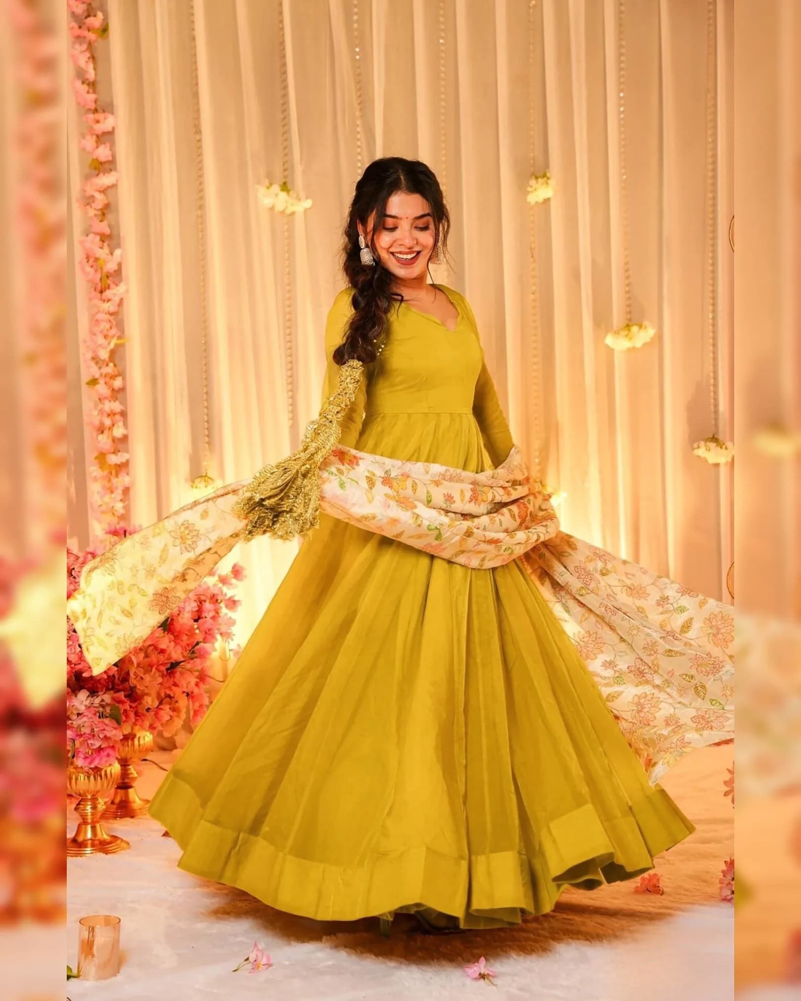 Elegant Soft Dyed Silk Anarkali Flared Gown Set with Floral Printed Dupatta – Festival & Party Wear alternate view