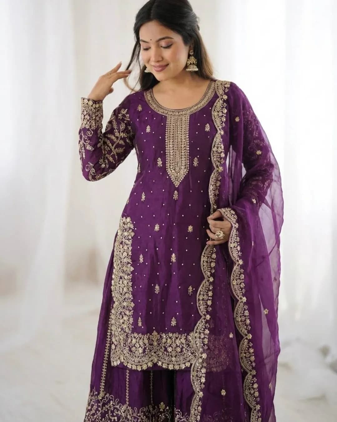 Designer Fendy Silk Embroidered Kurti Palazzo Dupatta Set – Sequence Work Party Wear alternate view