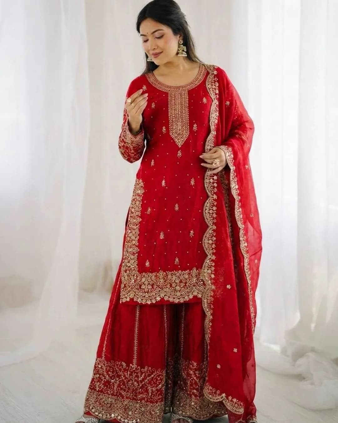 Designer Fendy Silk Embroidered Kurti Palazzo Dupatta Set – Sequence Work Party Wear alternate view