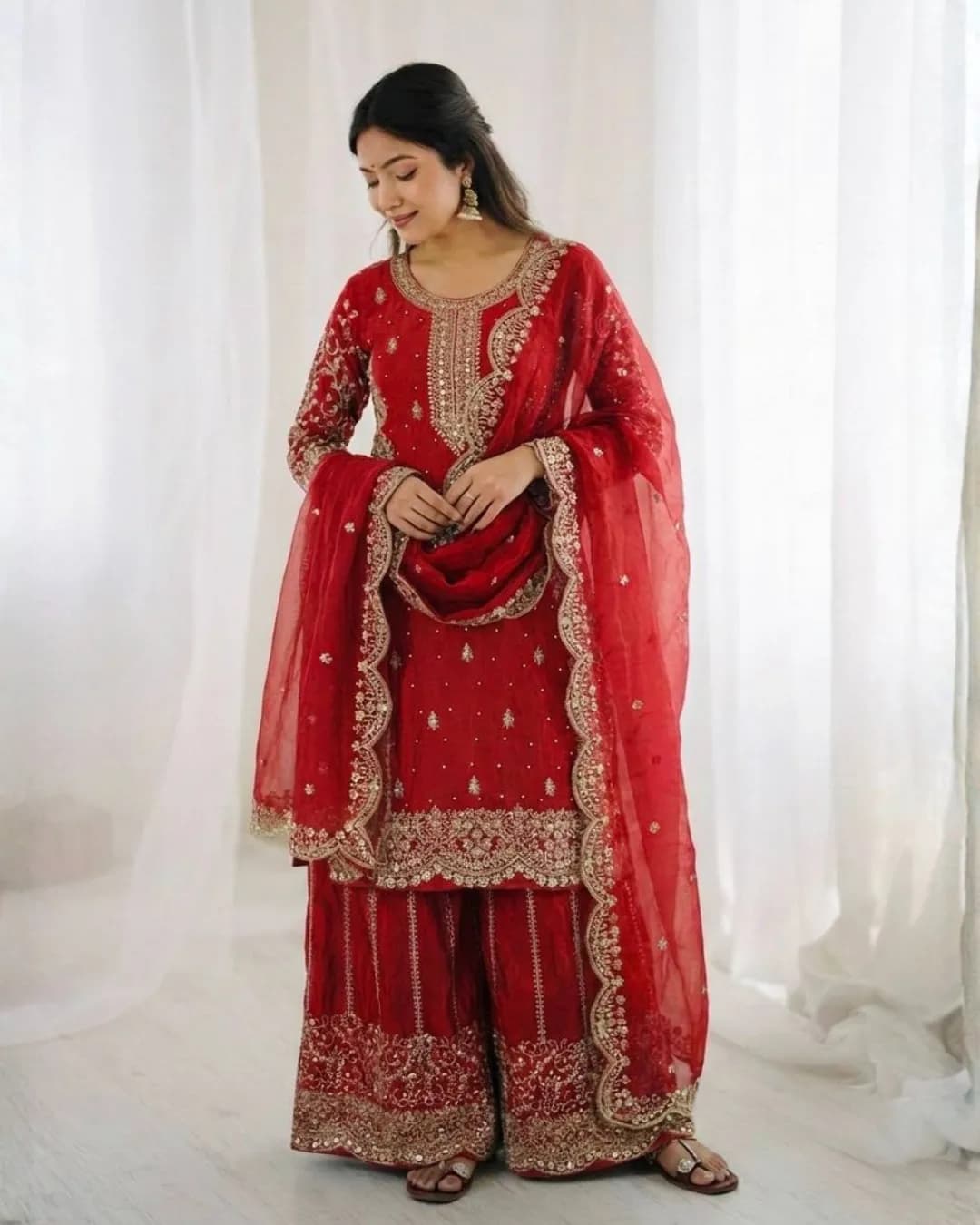 Designer Fendy Silk Embroidered Kurti Palazzo Dupatta Set – Sequence Work Party Wear